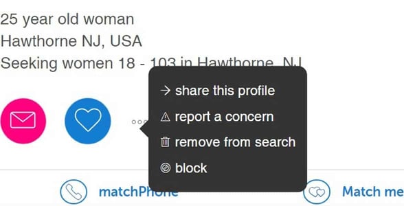 Screenshot of the block button on Match Screenshot of the block button on Match