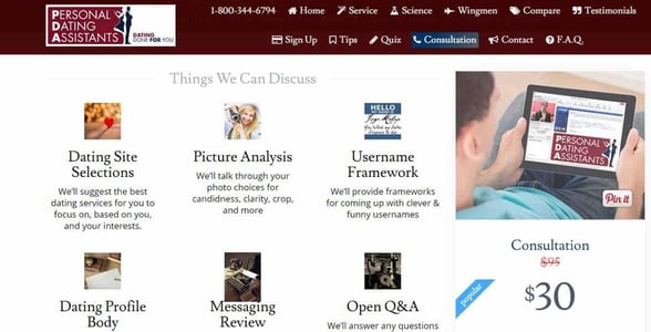 Screenshot of Personal Dating Assistants' website Screenshot of Personal Dating Assistants' website