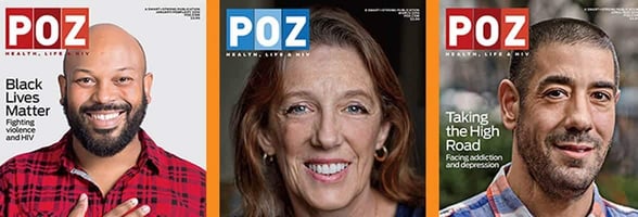 Photos of POZ Magazine covers