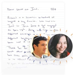 Photo of a thank-you letter sent to JWed Photo of a thank-you letter sent to JWed