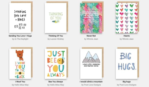 Screenshot of cards offered on the Cardly website Screenshot of cards offered on the Cardly website