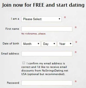 Screenshot of NoStringsDating.net's signup process Screenshot of NoStringsDating.net's signup process