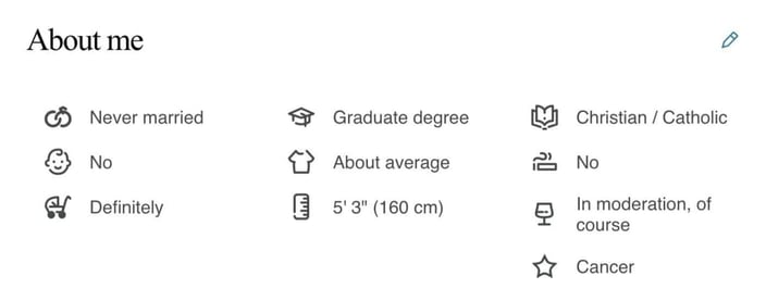About me: Never married, graduate degree, Christian/Catholic