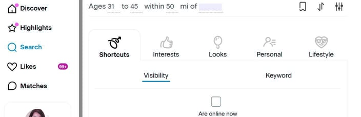 Search filters on OurTime