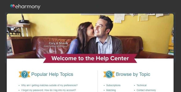 Screenshot of eharmony's Help Center