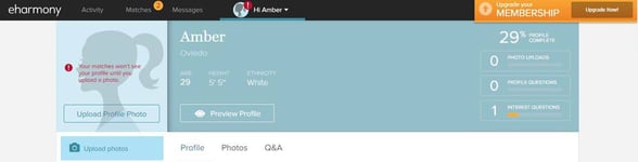 Screenshot of an eharmony profile