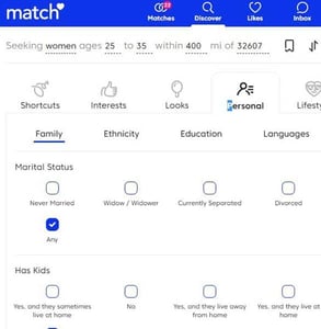 Screenshot of Match.com's search filters Screenshot of Match.com's search filters