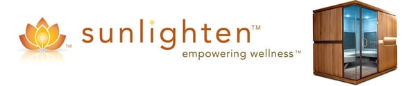 The Sunlighten logo and a picture of a sauna The Sunlighten logo and a picture of a sauna