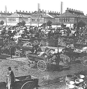 Photo of wagons at the old Gansevoort Market Photo of wagons at the old Gansevoort Market
