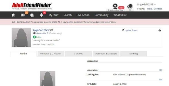 Screenshot of an AFF profile Screenshot of an AFF profile