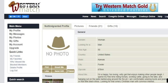 Screenshot of a Western Match profile Screenshot of a Western Match profile