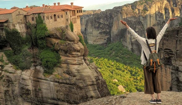 Photo of cliffside monastery in Meteora, Greece.