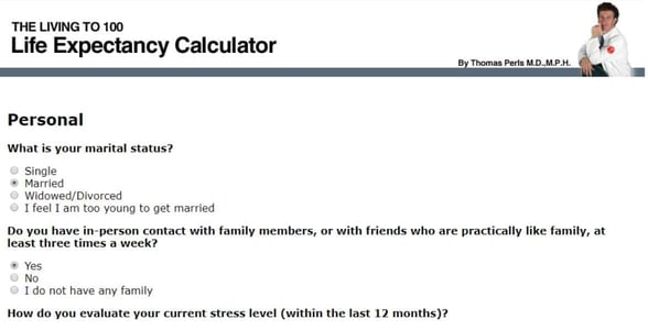 Screenshot of the life expectancy quiz