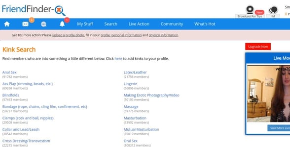 Screenshot of a FriendFinder-X search