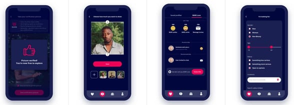 Screenshots of the BARE dating app Screenshots of the BARE dating app