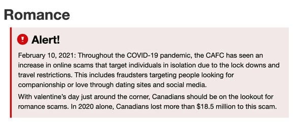 Screenshot Canadian Anti-Fraud Centre romance alert Screenshot Canadian Anti-Fraud Centre romance alert