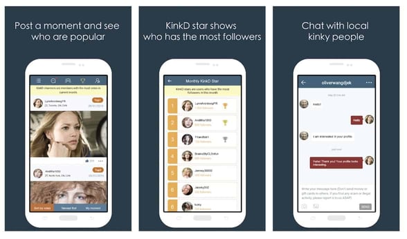 Screenshots of KinkD app on mobile devices Screenshots of KinkD app on mobile devices