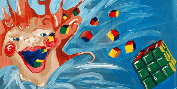 painting of mouth spitting pieces of a Rubik's cube painting of mouth spitting pieces of a Rubik's cube