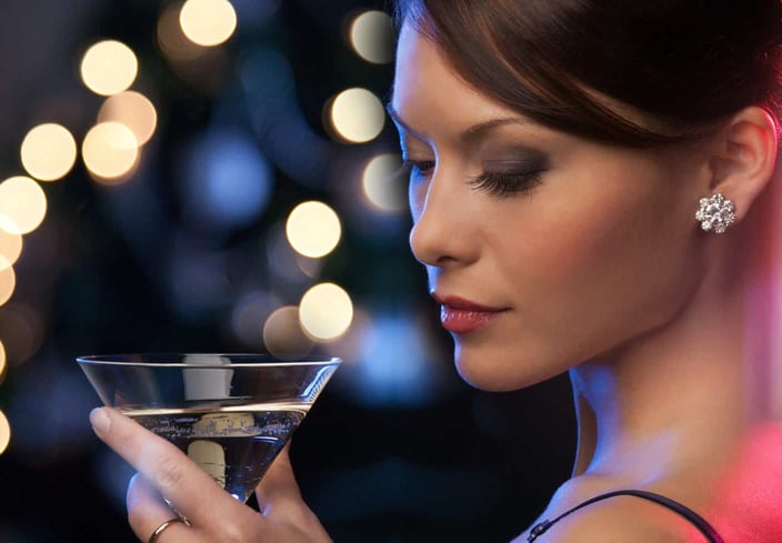 luxury, vip, nightlife, party concept - beautiful woman in evening dress with cocktail