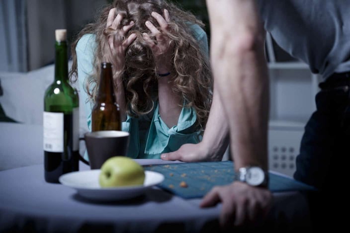 Drunk aggressive husband and his scared wife Drunk aggressive husband and his scared wife