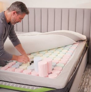 Man putting foam springs in a mattress Man putting foam springs in a mattress