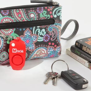 red personal alarm in front of pocketbook and keys