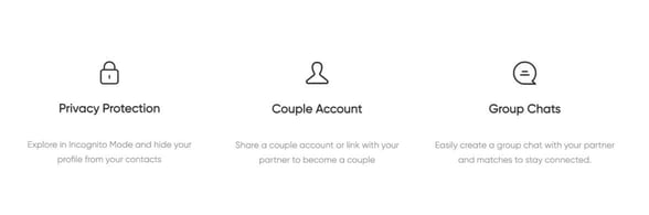 infographic covering a few features of 3Fun, including privacy protection, couple account, and group chats
