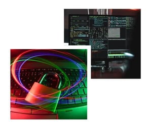 images of a lock in front of a keyboard screen, a computer with coding displayed