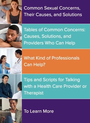 graphic with photographs, going over common sexual concerns and healthcare professionals who can help