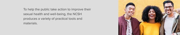 graphic of three people smiling at the camera with a written blurb about the materials NCSH offers