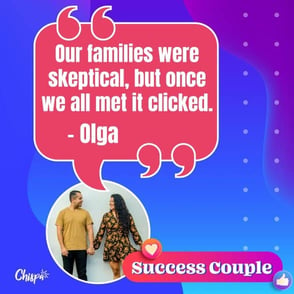 graphic with picture of a couple and a quote that reads "our families were skeptical, but once we all met it clicked"