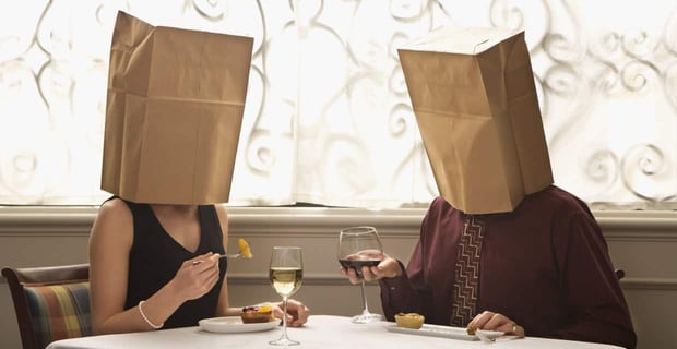 couple with paper bags over their heads
