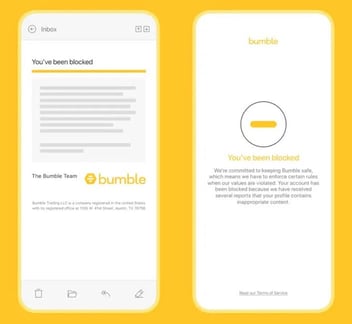 Screenshot of Bumble block and report feature Screenshot of Bumble block and report feature