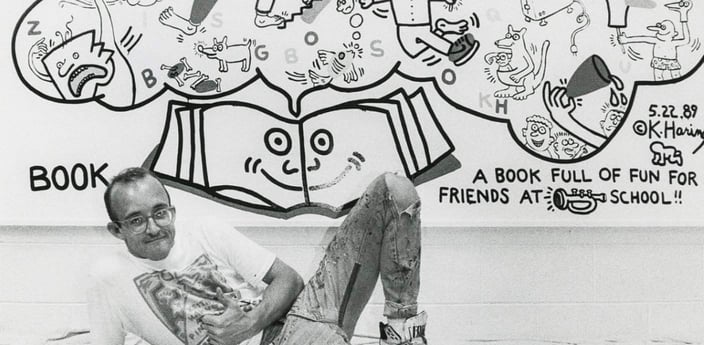 keith haring with his mural at horn elementary school keith haring with his mural at horn elementary school