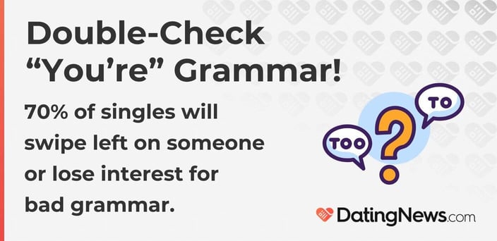 Double-Check â€œYouâ€™reâ€ Grammar!
70% of singles will swipe left on someone or lose interest for bad grammar.
