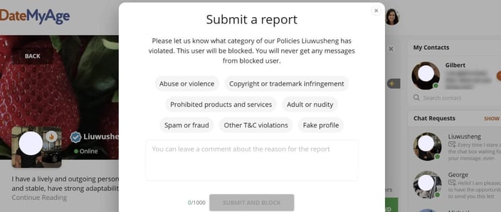 DateMyAge reporting page DateMyAge reporting page