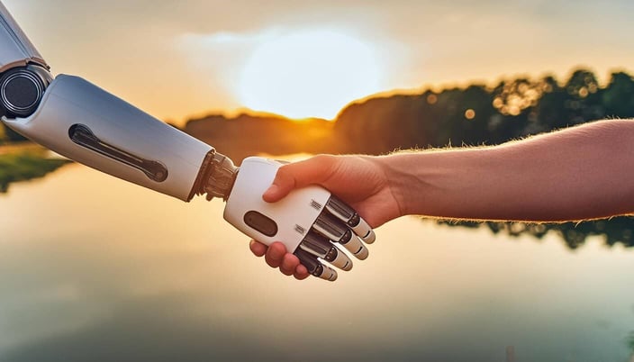 Dittin.AI robot hand holding human hand sunset lake