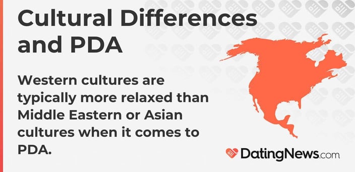 Western cultures are typically more relaxed than Middle Eastern or Asian cultures when it comes to PDA. Western cultures are typically more relaxed than Middle Eastern or Asian cultures when it comes to PDA.