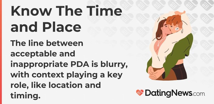 The line between acceptable and inappropriate PDA is blurry, with context playing a key role, like location and timing. The line between acceptable and inappropriate PDA is blurry, with context playing a key role, like location and timing.