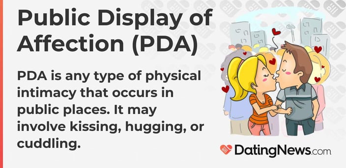 PDA is any type of physical intimacy that occurs in public places. It may involve kissing, hugging, or cuddling. PDA is any type of physical intimacy that occurs in public places. It may involve kissing, hugging, or cuddling.