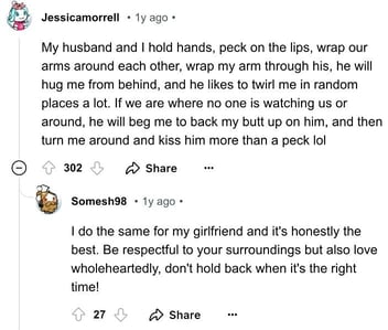 Reddit comments talking about what is acceptable forms of PDA with their spouses Reddit comments talking about what is acceptable forms of PDA with their spouses