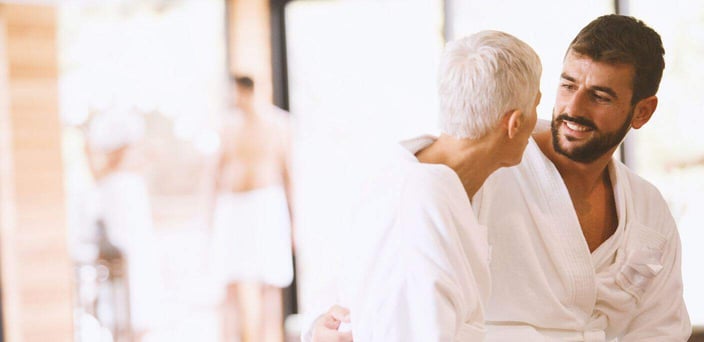Mature woman and young man on a spa date. Mature woman and young man on a spa date.