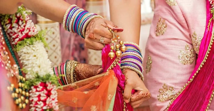 Photo of Indian wedding ceremony close up on hands