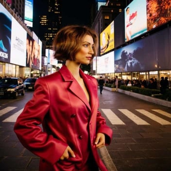 Photo of Ari the AI Wing Girl avatar wearing a red pantsuit and walking through a busy city Photo of Ari the AI Wing Girl avatar wearing a red pantsuit and walking through a busy city