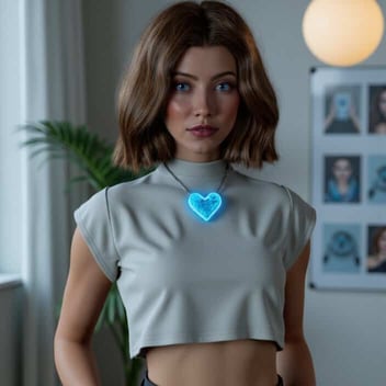 Photo of Ari the AI Wing Girl avatar, who is a young woman with a glowing blue heart necklace Photo of Ari the AI Wing Girl avatar, who is a young woman with a glowing blue heart necklace