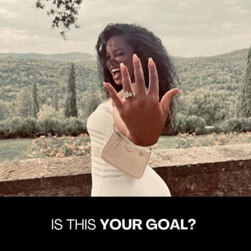 Instagram photo of young Black woman smiling and showing off her engagement ring with the words Is This Your Goal? at the bottom of the photo