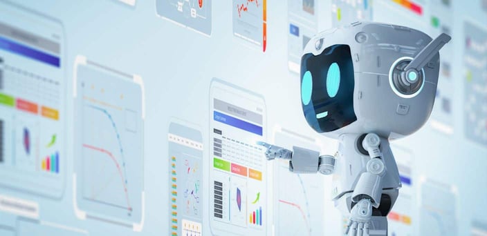 Cartoon robot sifting through data.