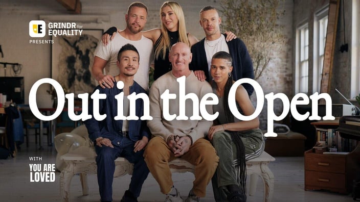 Six people posing together in a living room for Grindr for Equalityâs âOut in the Openâ series promotional image. Six people posing together in a living room for Grindr for Equalityâs âOut in the Openâ series promotional image.