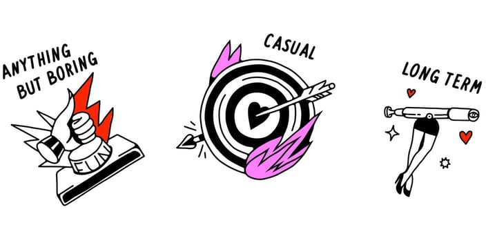 Illustrations showing dating intentions including casual, long-term, and âanything but boringâ on the Pure app Illustrations showing dating intentions including casual, long-term, and âanything but boringâ on the Pure app