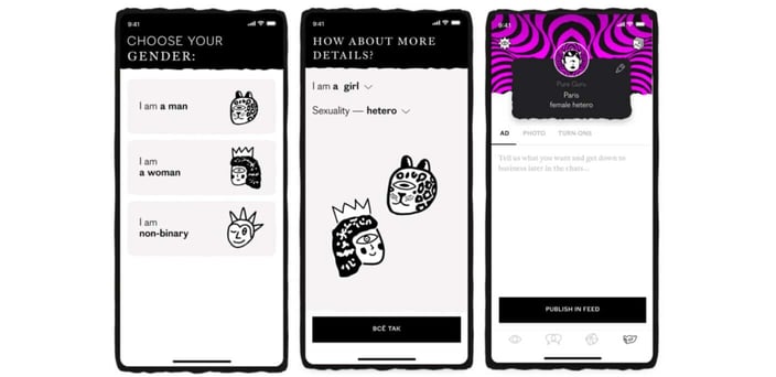 Pure dating app onboarding screens with gender options, profile setup, and anonymous posting interface Pure dating app onboarding screens with gender options, profile setup, and anonymous posting interface